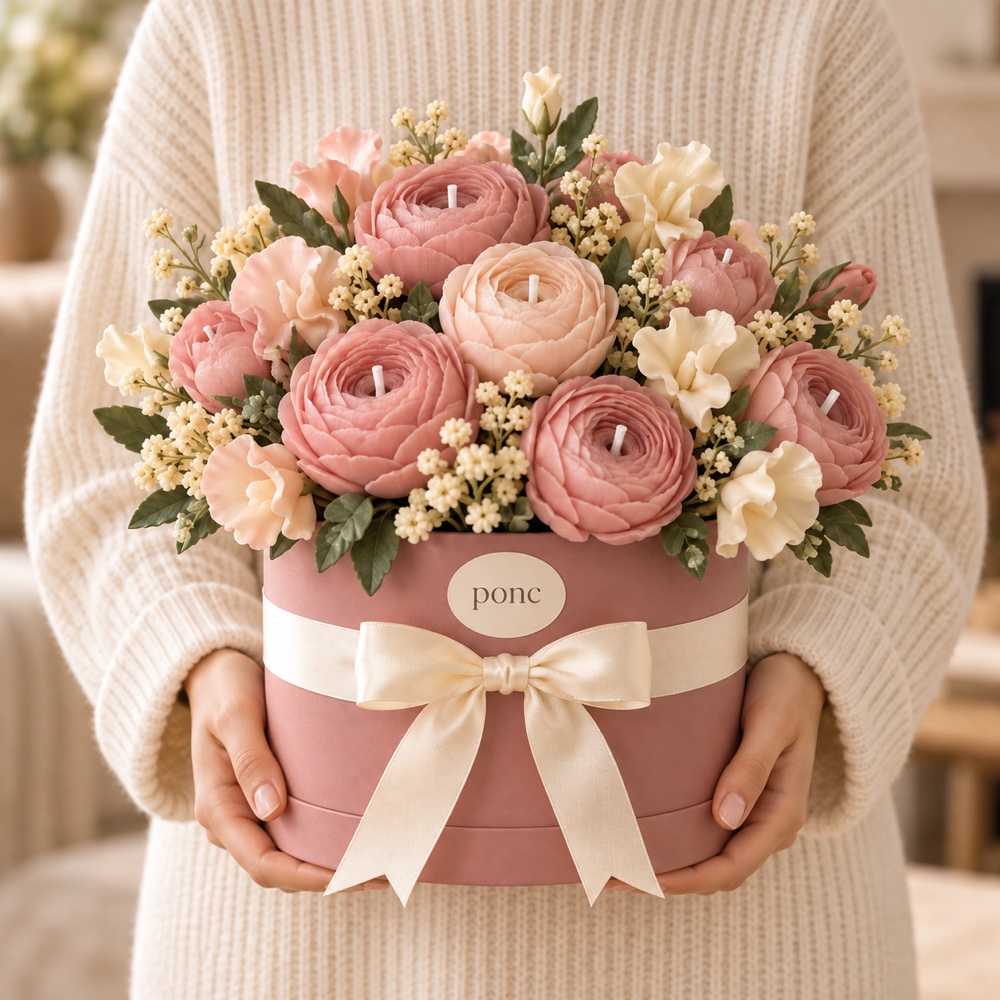 Pudra Ranunculus Buketi Ponc · Elde görünüm